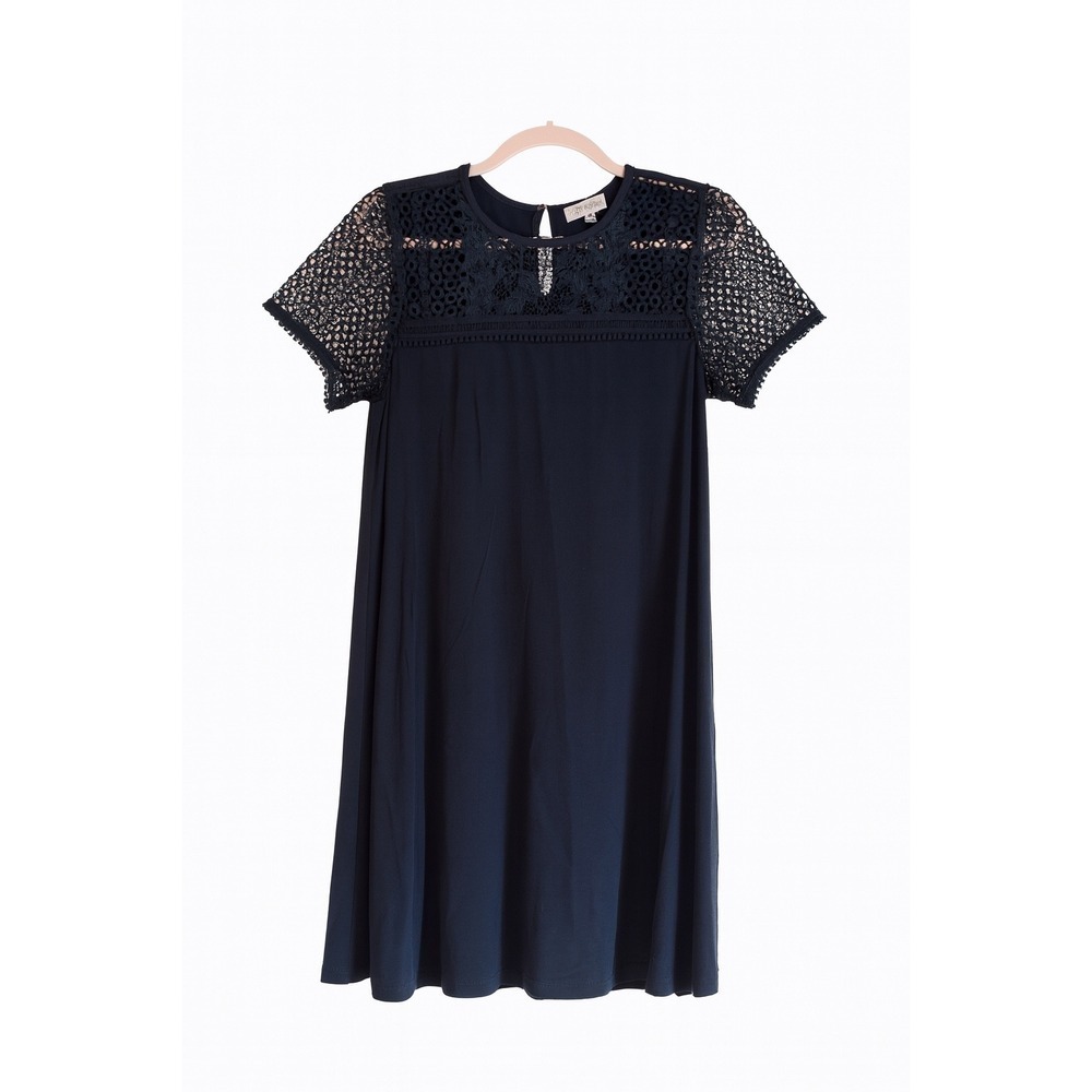 LOFT Navy Blue Lace Yoke Shift Dress Size Small Short Sleeve Stretch